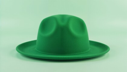 The image depicts a bright green, round-top bowler hat placed prominently on a teal background. The hat occupies most of the frame, with particular emphasis on the top and front. The background is a s