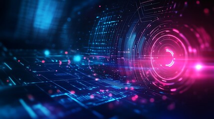 Obraz premium Abstract digital landscape with glowing circuits and light effects.