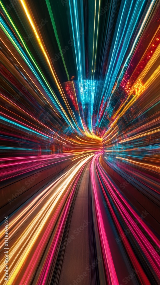Poster colorful light trails in a tunnel, abstract motion blur effect. futuristic speed and technology conc