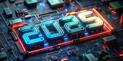 Close-up of 2025 in neon lights on a circuit board. JPG, AI GENERATED