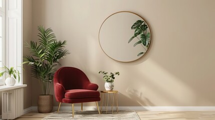 Elegant living room mockup with berry red accent chair, beige walls, brass mirror, minimal plants, chic decor, stylish and modern interior, cozy ambiance