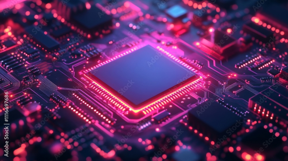 Poster close-up of a glowing pink circuit board with a central processor chip.