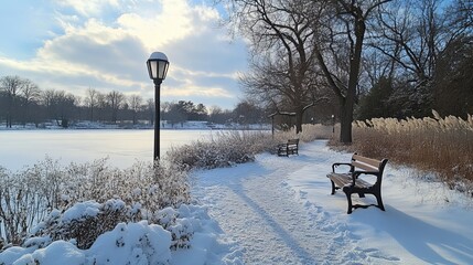 A snowy park scene with benches and a lamppost on a paved trail amidst snow-laden trees and bushes. A snow-covered field, a frozen lake, and a partly cloudy sky complete the background.