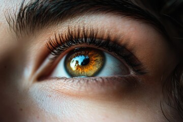 Fototapeta premium Woman showing hazel eye with long black eyelashes and thick eyebrows