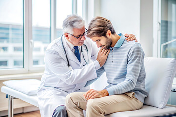Obraz premium Doctor comforting restless patient in clinic.
