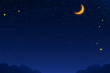 Naklejka premium Starry night sky with crescent moon and distant mountains silhouette
