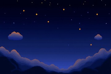 Pixel art night sky with stars and clouds in deep blue horizon