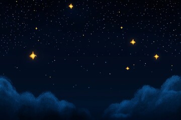 Pixelated starry night sky glowing with bright twinkling stars and clouds