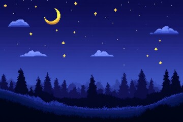 Pixel art night sky with crescent moon, stars, and clouds over forest