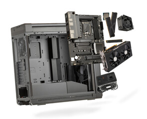 Main components of computer  isolated on white background. Big case, motherboard, CPU, memory,...