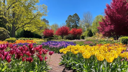 Obraz premium A stunning spring garden with vibrant yellow, purple, pink, red, and orange blooms amidst lush greenery, red trees, and a clear blue sky at Gibbs Gardens in Ball Ground, Georgia.