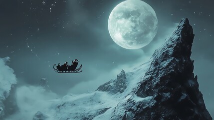 Naklejka premium A snowy landscape with a sleigh flying against a large moon.