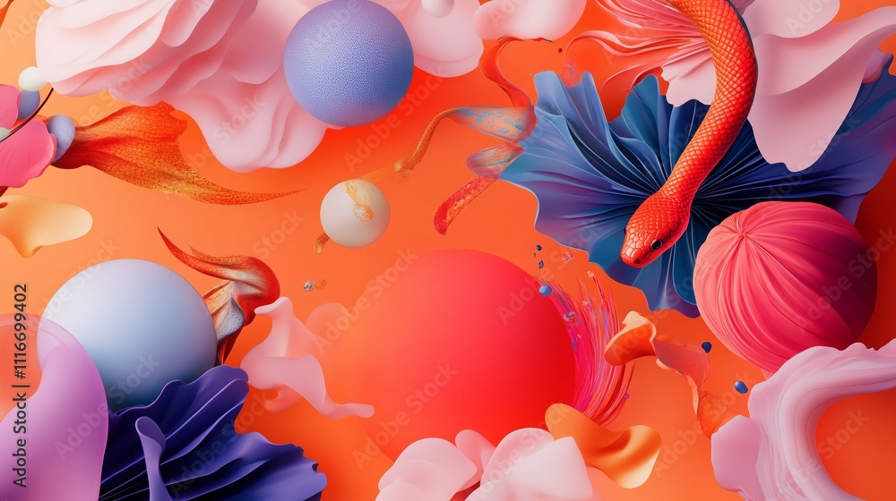 Poster colorful abstract composition featuring shapes and textures with a vibrant background and playful el