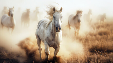 Majestic white horses galloping through dusty plains at dusk