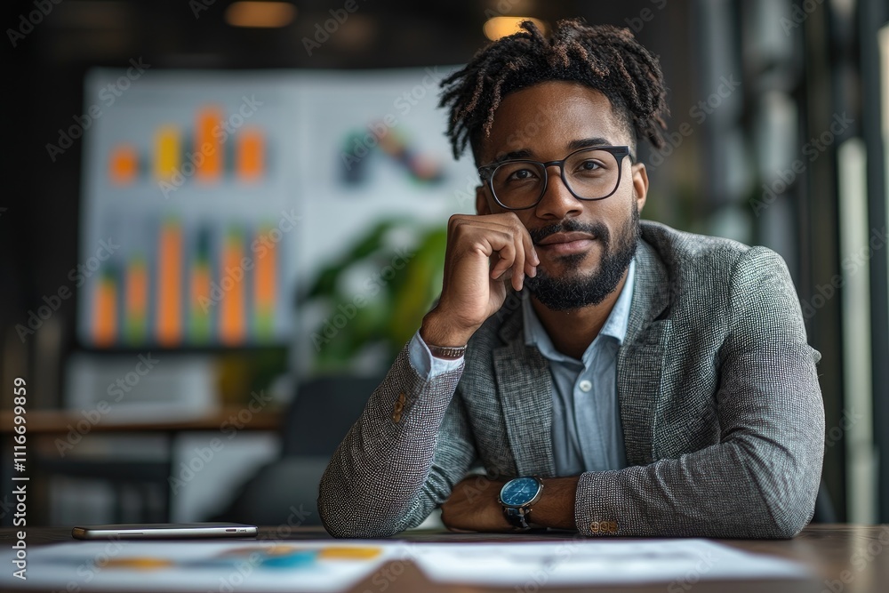Poster confident businessman analyzing charts in modern office: embracing data-driven decisions