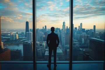 Businessman looking out at chicago skyline at sunset from skyscraper window