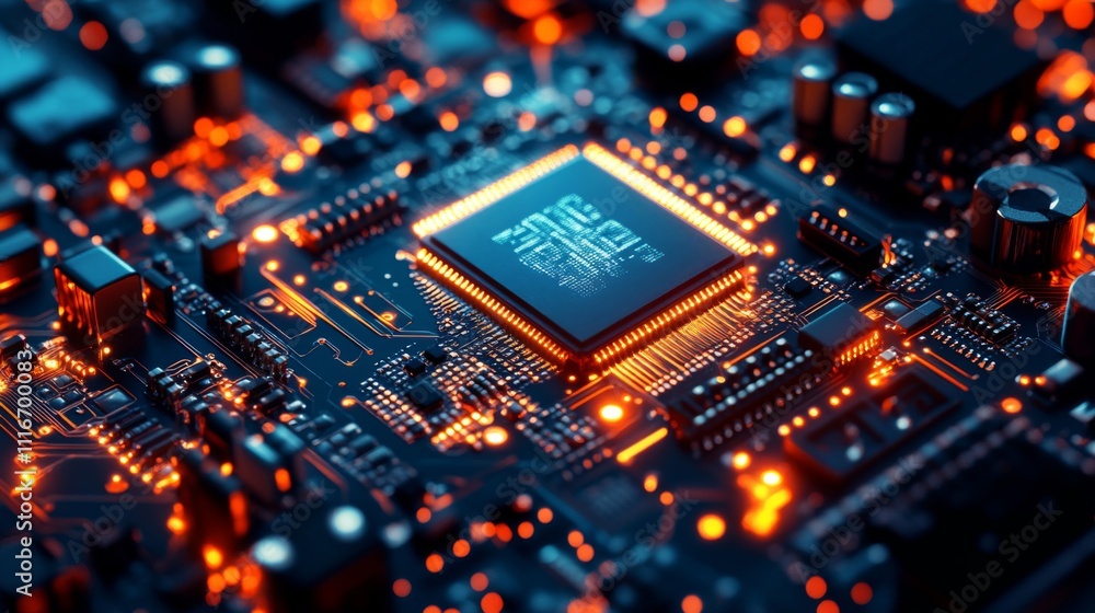 Poster illuminated microchip on a circuit board with glowing traces