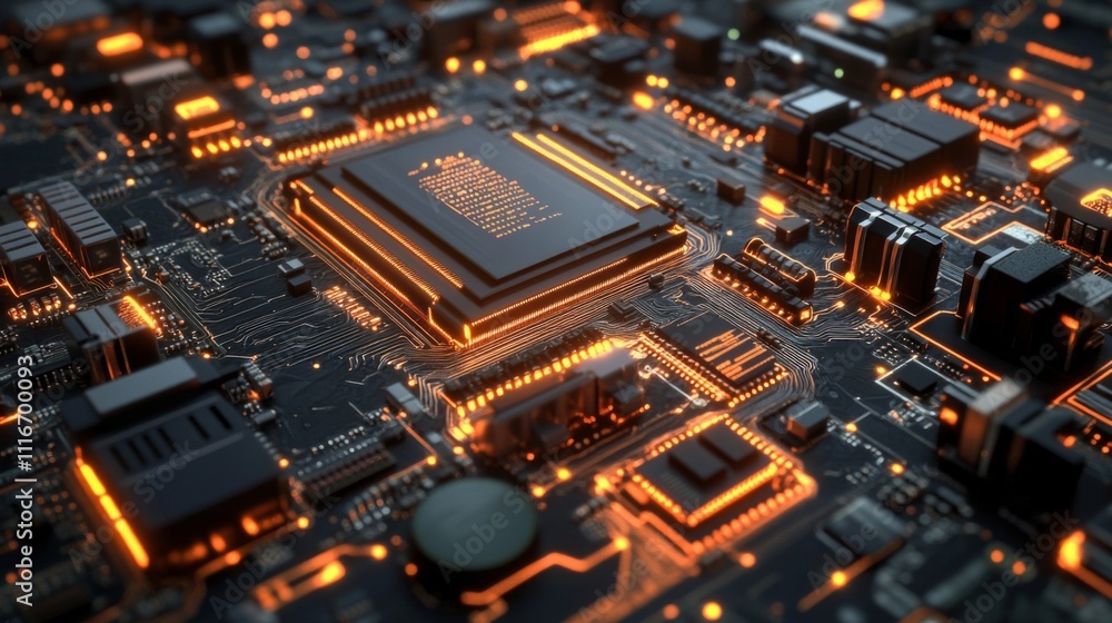 Poster close-up of a circuit board with illuminated components