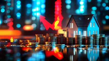 Gráfico con casa que muestra la subida del precio del mercado inmobiliario y de la vivienda. 