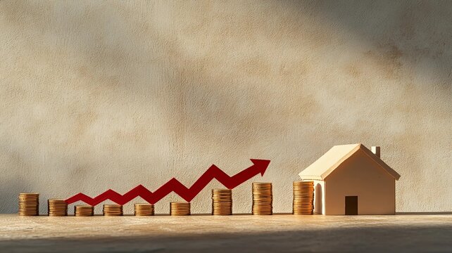 Gr&aacute;fico con casa que muestra la subida del precio del mercado inmobiliario y de la vivienda. 