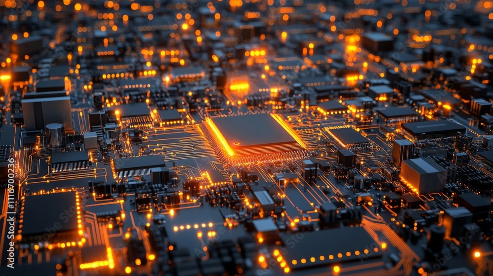 Poster close-up of a lit-up circuit board with integrated circuits