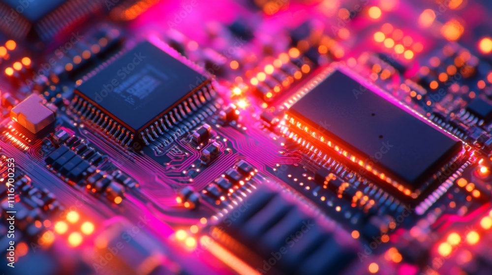 Poster close-up of a circuit board with integrated circuits and glowing components