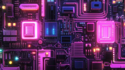 Close-up of a futuristic circuit board with glowing pink and blue elements.
