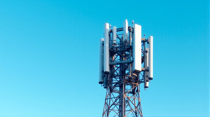 Communication technology tower against a clear blue sky highlighting modern connectivity efforts in urban areas