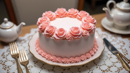 Beautiful pink rose cake displayed elegantly on a vintage table setting with floral accents and fine china