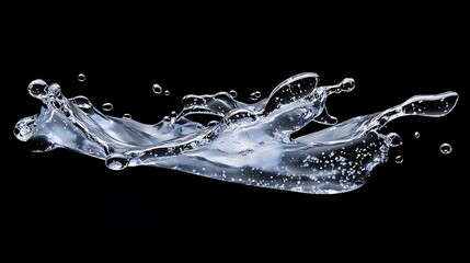 Dynamic splash of clear liquid isolated on black background.