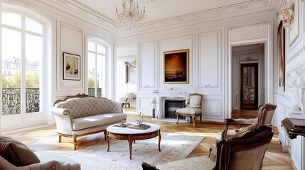 Fototapeta premium Elegant living room with antique furniture, hardwood floors, large windows, and ornate moldings.