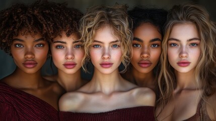 Obraz premium A captivating portrait of five diverse women standing closely together, each displaying unique features that blend unity and individuality in one frame.