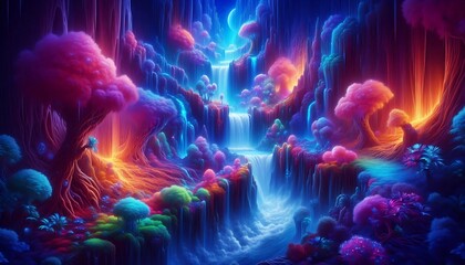 Obraz premium glowing waterfalls cascading through surreal fantasy canyon, surrounded by vibrant, otherworldly vegetation
