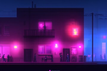 Obraz premium Neon urban night scene with pixel art aesthetic and bustling street life