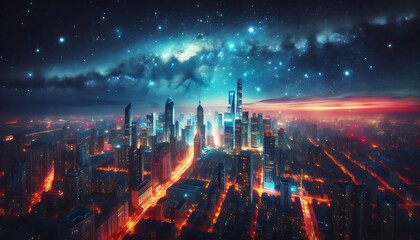 Fototapeta premium modern cityscape glowing with vibrant lights under vast, star filled sky, evoking wonder