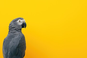 Obraz premium Grey parrot posing on vibrant yellow background