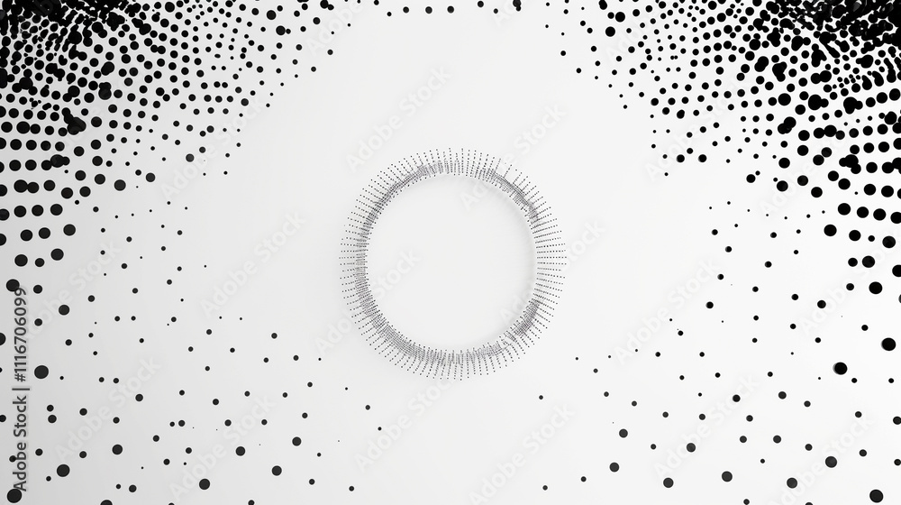 Poster modern art composition featuring circular structure surrounded by dynamic dots