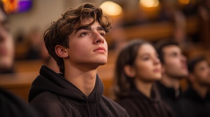 Obraz premium Teenagers attentively listening in a large group setting, showcasing diverse emotions and engaged expressions during an event or presentation.