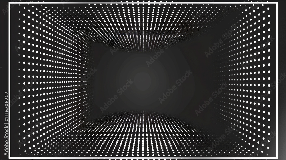 Poster dynamic perspective of light and shadow in a digital tunnel of dots