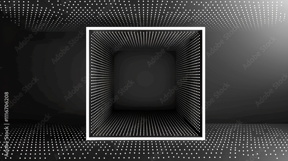Poster creating a mesmerizing illusion with ambient lights and geometric shapes in a dark space