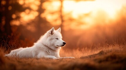 Obraz premium Samoyed dog in serene sunset landscape