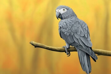 Obraz premium Grey parrot perched on branch: minimalist wildlife portrait