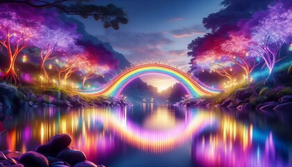 Fototapeta premium radiant glowing rainbow bridge spanning tranquil river under twilight sky, creating whimsical, enchanting scene
