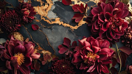 Luxury burgundy blossoms on dark marble richly decorated with gold 