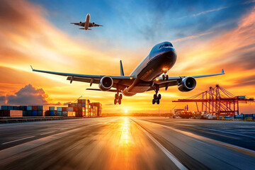 Fototapeta premium Cargo transportation. Plane and ship working together to deliver goods, representing the logistics of global trade
