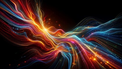Fototapeta premium vibrant glowing waves flowing rhythmically on black background, creating dynamic and captivating energy patterns