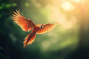 Scarlet macaw flying in tropical forest at sunset