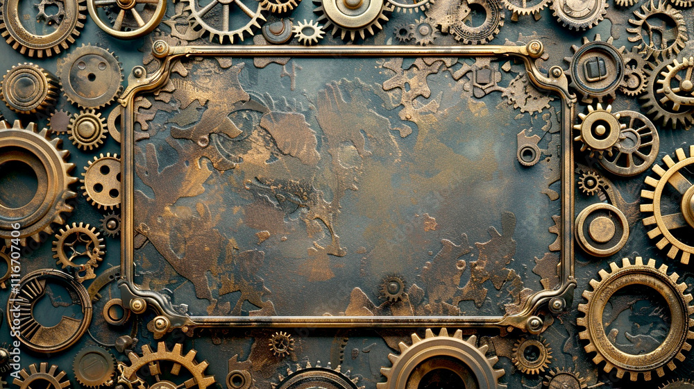 Poster intricate gears and cogs create a steampunk-inspired backdrop of creativity and design