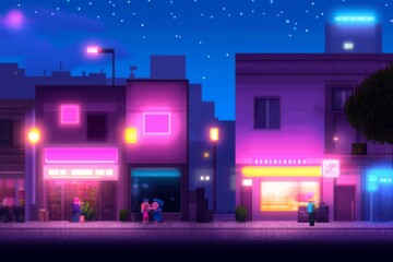 Retro pixel art cityscape at night with neon lights and starry sky