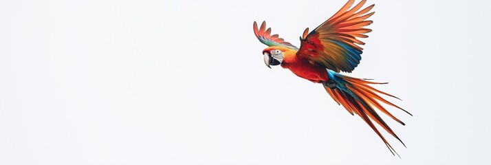 Scarlet macaw parrot flying in bright sky: majestic bird flapping wings